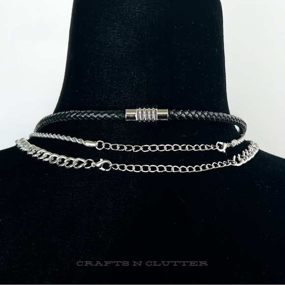 ✦ 3PC Men’s Black Cowhide Magnetic Necklace Stainless Steel Chain Set - Picture 2 of 5